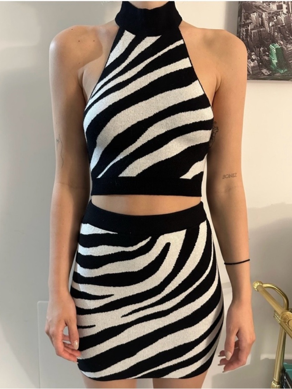 Forever 21 Black and White Zebra Halter Crop Top and Skirt SET